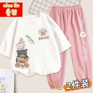 女童套装夏季薄款宽松短袖防蚊裤两件套儿童夏装洋气童装女