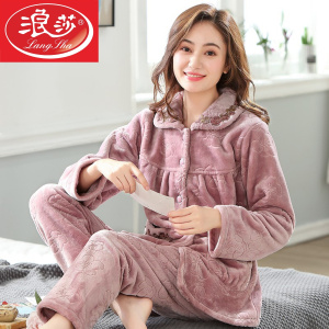 浪莎珊瑚绒睡衣女中年妈妈秋冬季加厚加绒老人法兰绒家居服套装冬