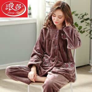 浪莎珊瑚绒睡衣女中年妈妈秋冬季加厚加绒老人法兰绒家居服套装冬