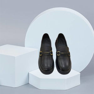 鼎兆荟金属扣小皮鞋女2024春秋新款英伦风一脚蹬懒人单鞋软皮舒适乐福鞋 黑色