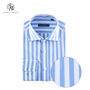 尘界蓝色条纹衬衫男长袖宽条纹修身商务休闲纯棉意式温莎领男时尚百搭衬衣
