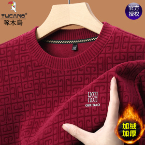 啄木鸟男士加绒加厚奥粒绒卫衣冬季新款时尚圆领保暖针织毛衣男装