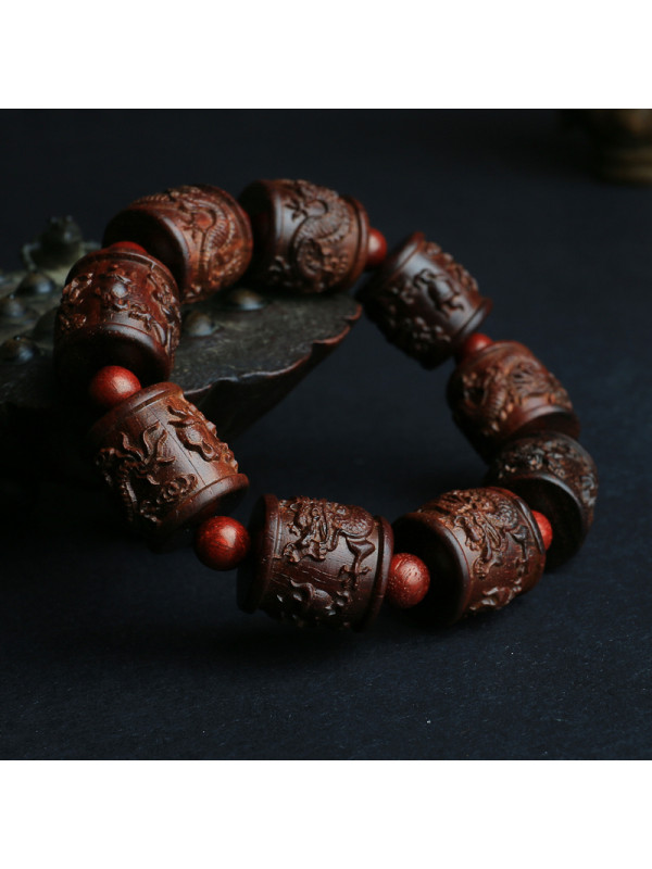 月印百川小叶紫檀龙柱手链紫檀木九龙戏珠弹性手串